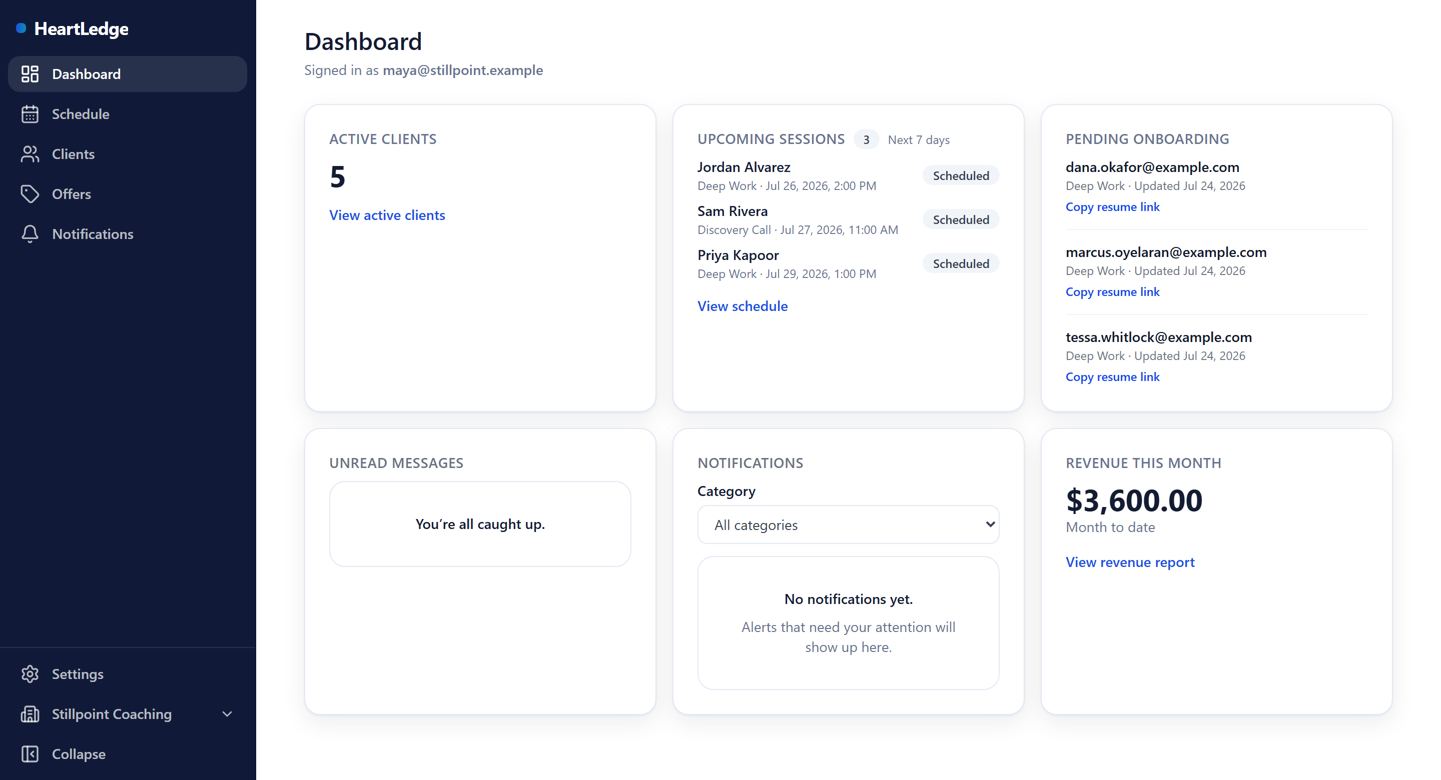 The HeartLedge coach dashboard: active clients, upcoming sessions, and revenue for the month.